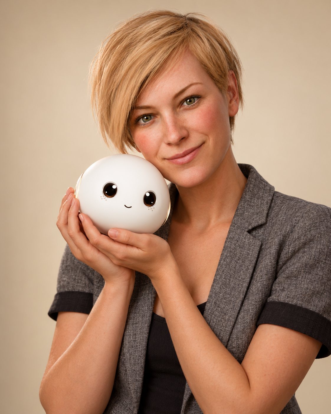 Corinna, a woman with short blond hair in a grey jacket, holds Cory, a small white orb with a face, against her cheek